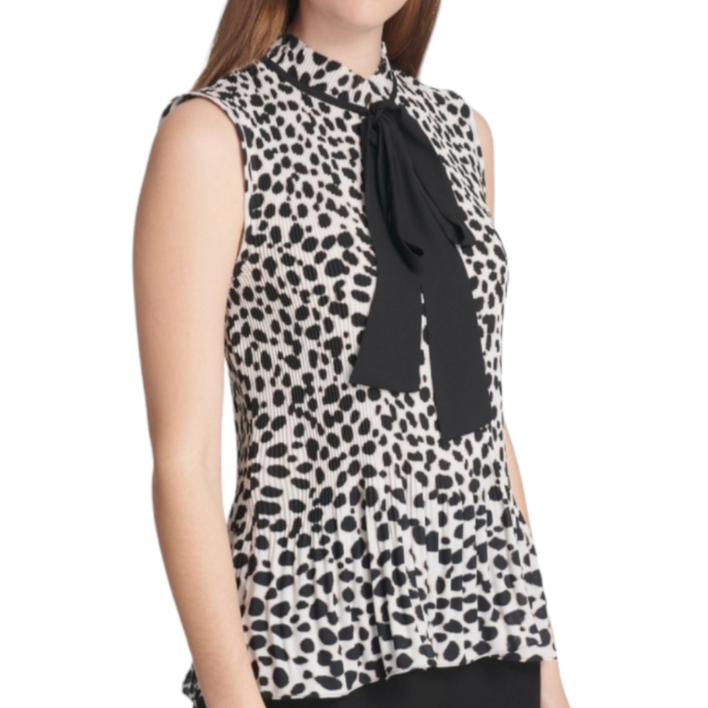 DKNY Animal Print Ribbed Sleeveless Pleated Top Large